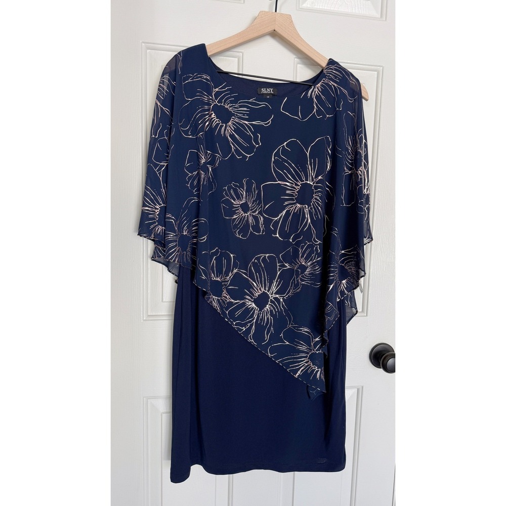 NWT SLNY Navy Blue Gold Jersey Stretch Sheath Dress Floral Chiffon Overlay 12